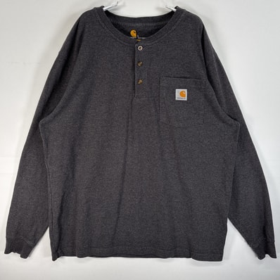 古着 カーハート Carhartt 長袖Tシャツ ヘンリーネック 胸ポケ ワンポイント ロゴ L ダークグレー 無地 メンズ