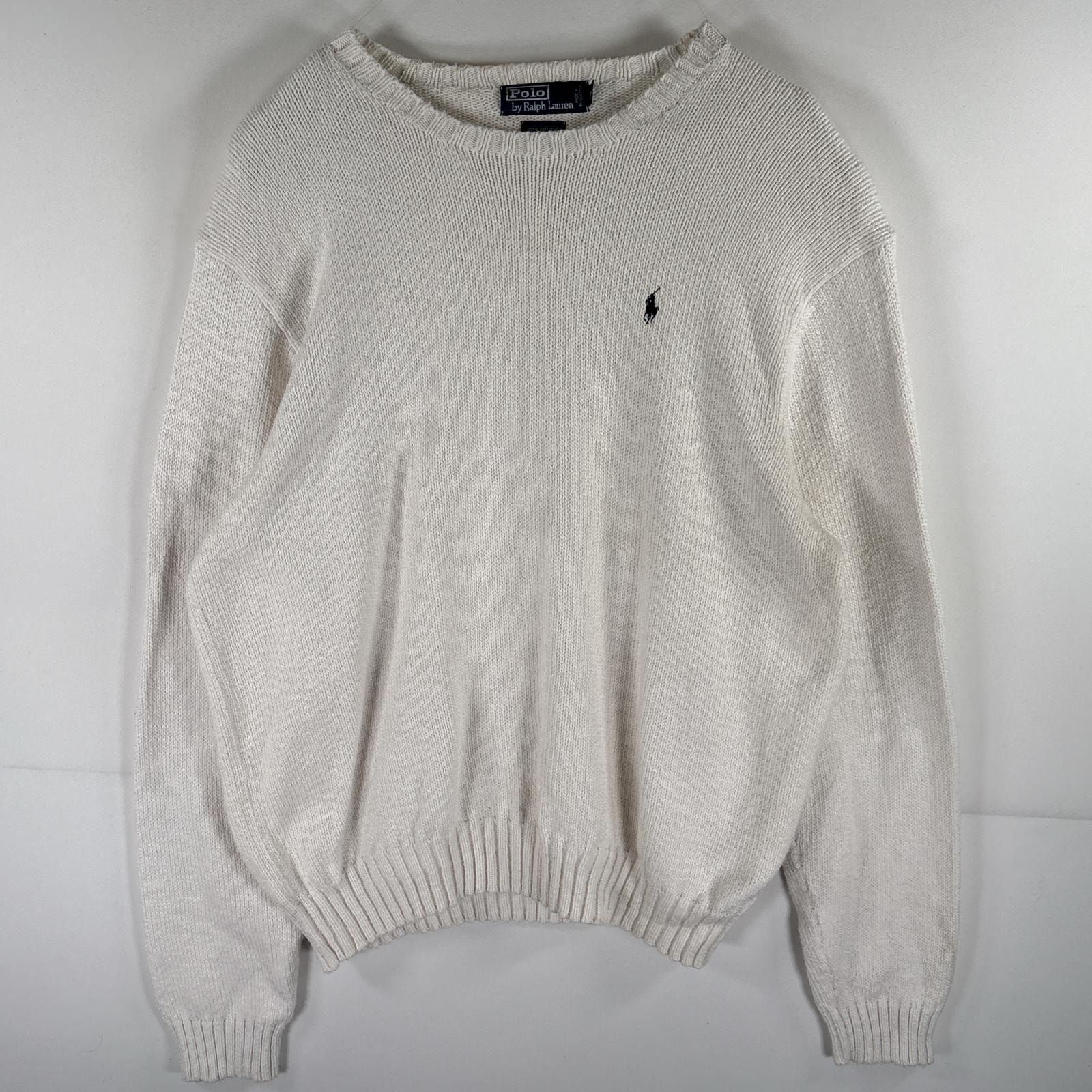 古着 ポロバイラルフローレン Polo by Ralph Lauren コットンニットセーター ワンポイントロゴ刺繍 クルーネック 大きいサイズ 14041  ホワイト メンズ