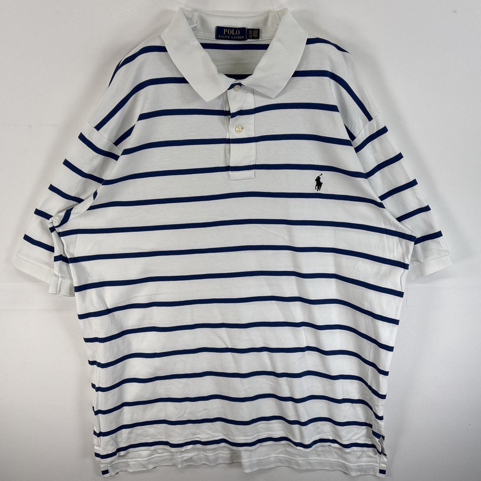 古着 ポロ・ラルフローレン POLO RALPH LAUREN 半袖 ポロシャツ ワンポイント ロゴ 刺繍 大きいサイズ 2ボタン XLT  ホワイト系 ボーダー メンズ