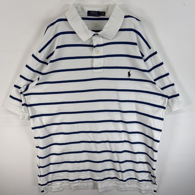 古着 ポロ・ラルフローレン POLO RALPH LAUREN 半袖 ポロシャツ ワンポイント ロゴ 刺繍 大きいサイズ 2ボタン XLT ホワイト系 ボーダー メンズ