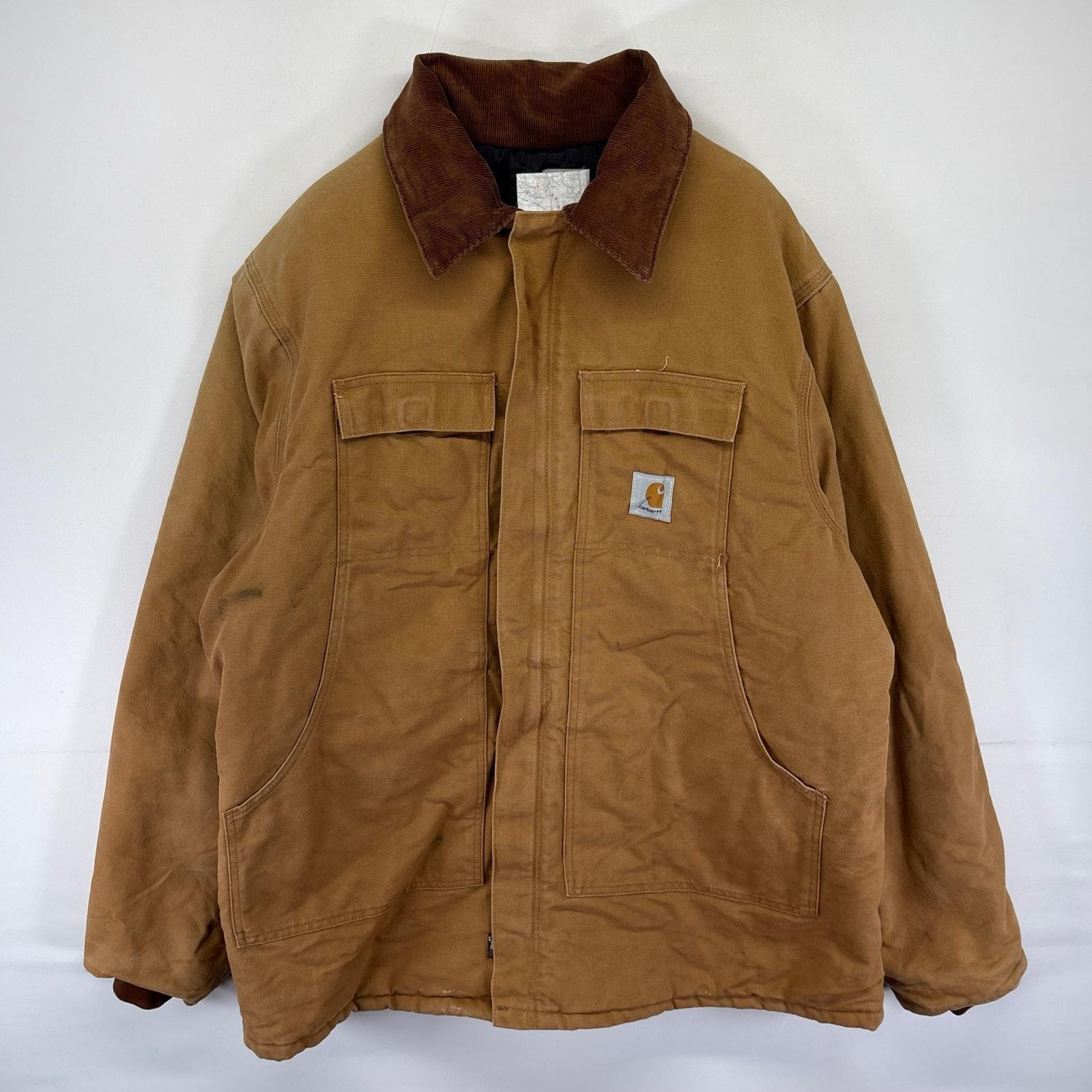 古着 カーハート Carhartt USA製 ダック ジャケット 中綿 カバーオール フルジップ ワンポイント ワーク 50 TALL  ブラウン系 メンズ