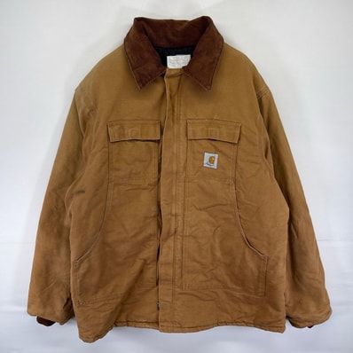 古着 カーハート Carhartt USA製 ダック ジャケット 中綿 カバーオール フルジップ ワンポイント ワーク 50 TALL ブラウン系 メンズ