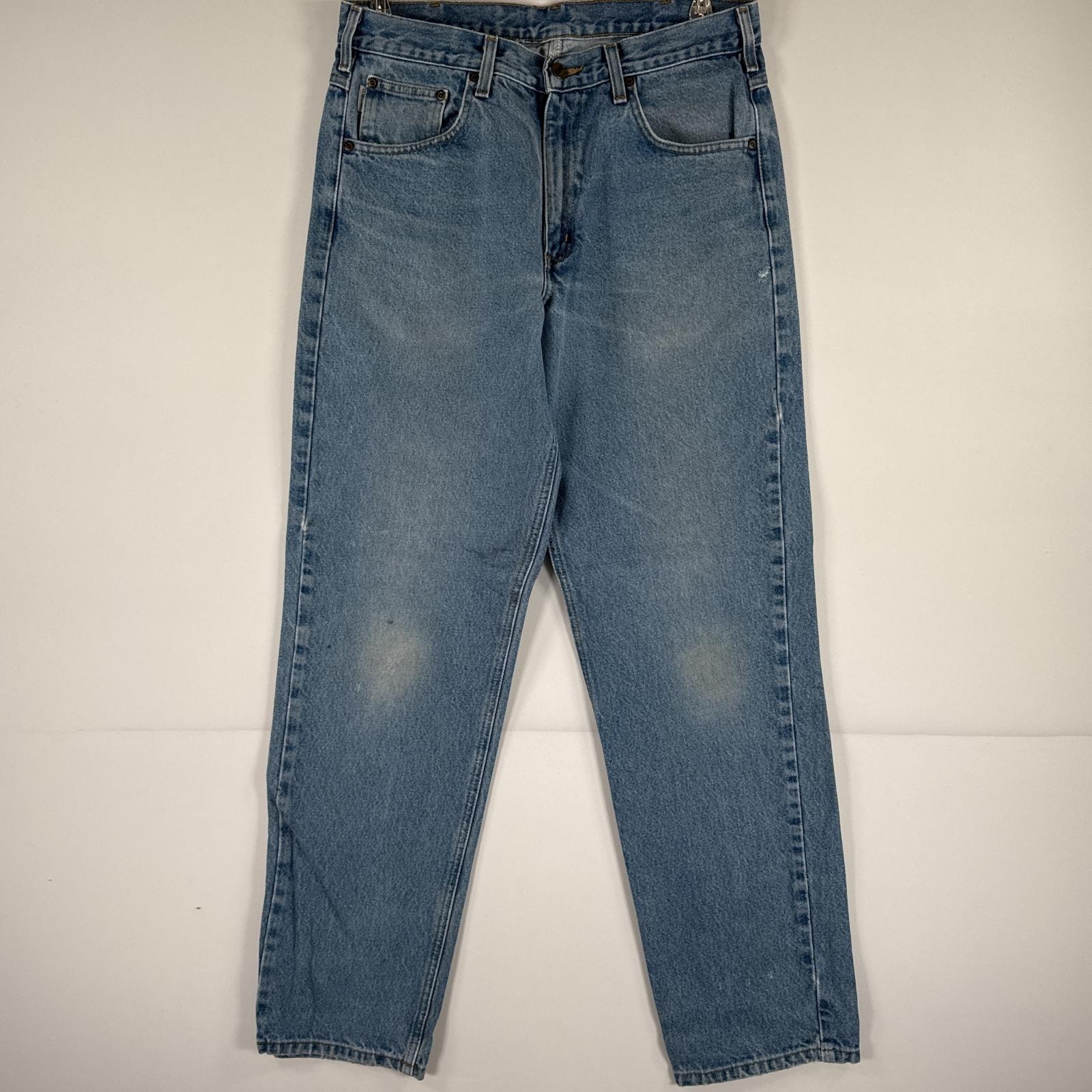 古着 カーハート Carhartt デニムパンツ ジーパン 5ポケット ワンポイント ロゴ ワークパンツ テーパード 色落ち  ブルー メンズ