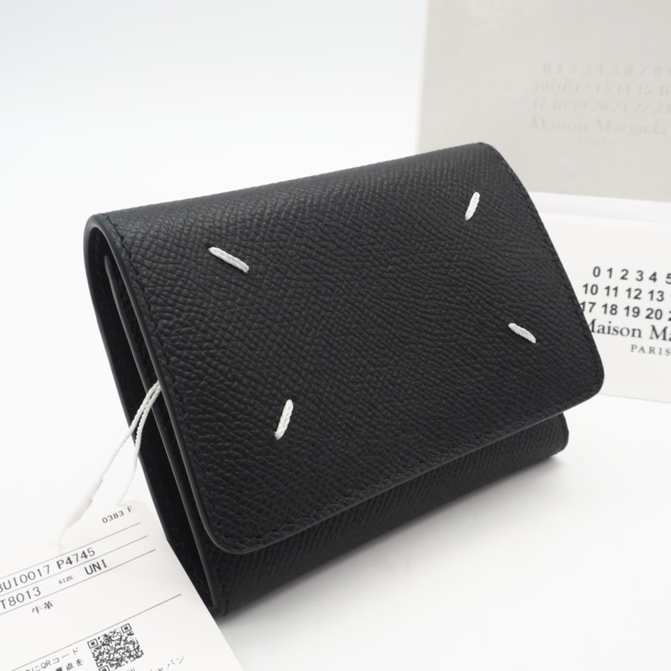 未使用 MAISON MARGIELA メゾンマルジェラ グレインレザー スリーフォールドウォレット SA3UI0017 三つ折り財布 ブラック ホワイト グレインレザー メンズ