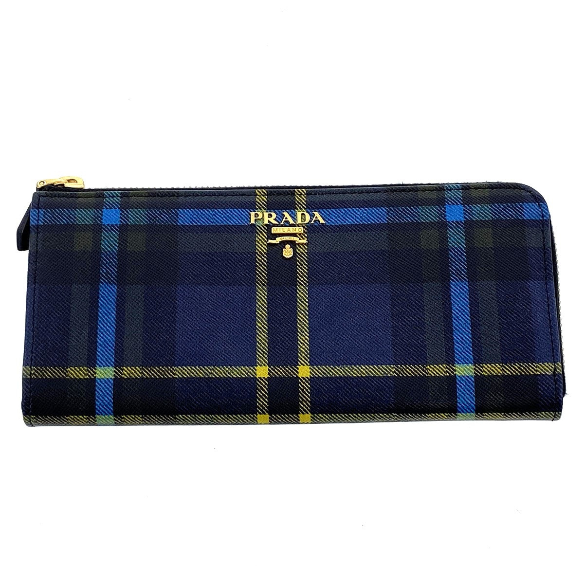 PRADA プラダ サフィアーノ L字ファスナー タータンチェック柄 長財布 レザー ブルー  レディース【中古】