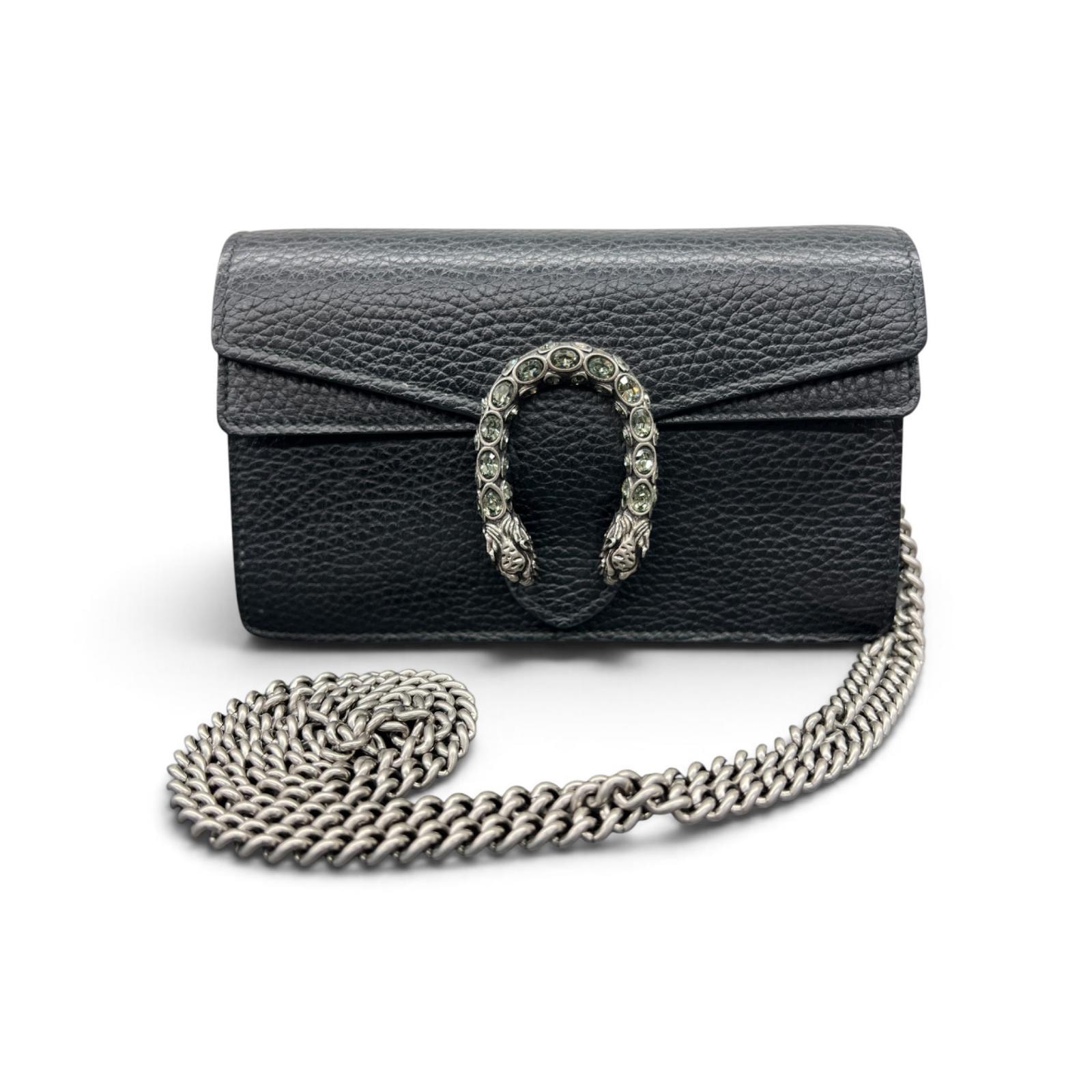 GUCCI 極美品 グッチ ディオニュソス スーパーミニバッグ チェーンショルダーバッグ 476432 レザー ラインストーン ブラック ポシェット Aランク 中古 鑑定済 グッチバッグ