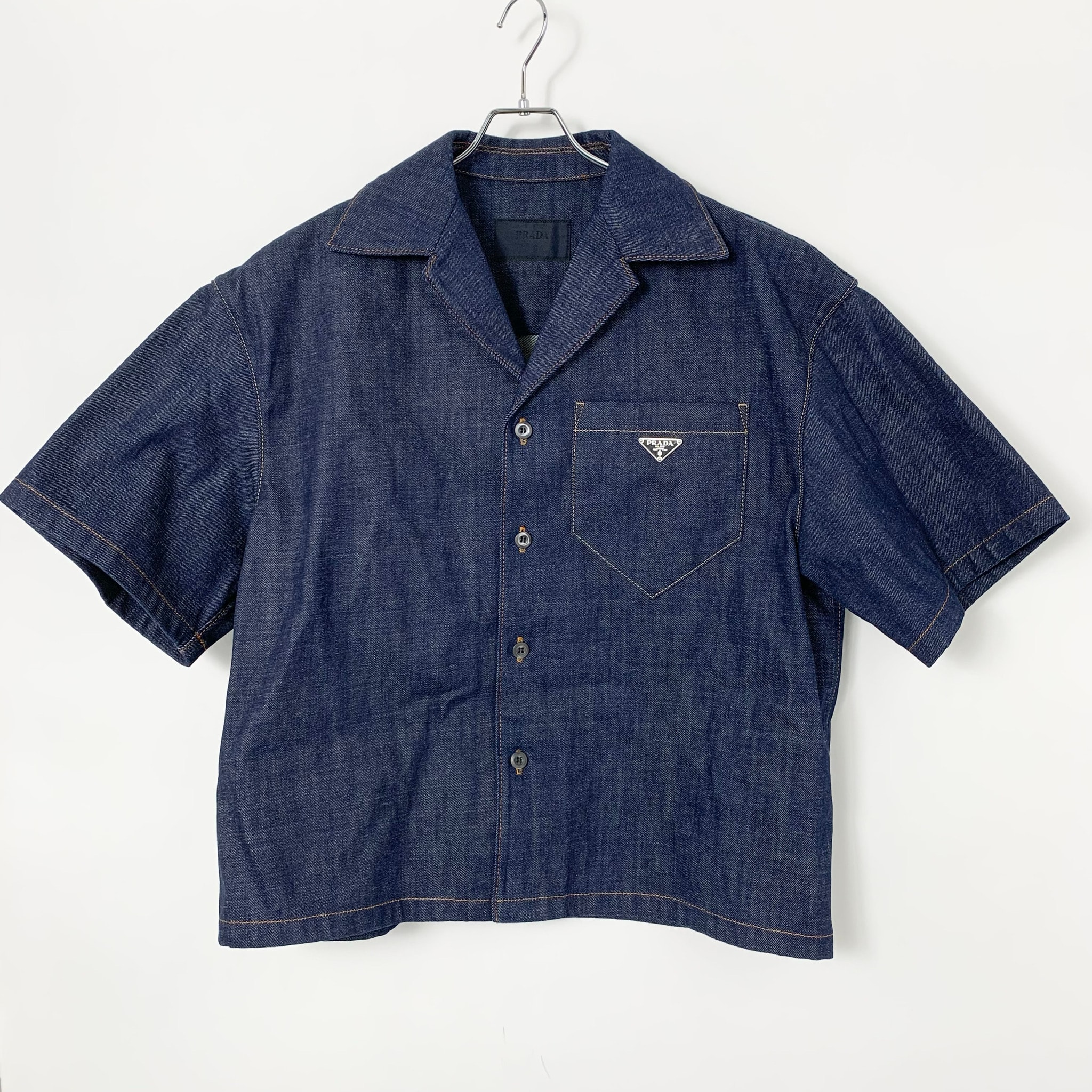 PRADA Men's Short-Sleeved Selvedge Denim Shirt "Navy"
