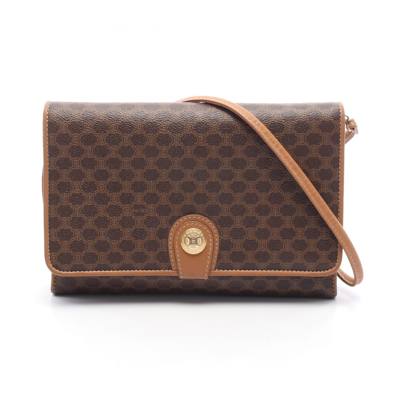 セリーヌ CELINE マカダム ショルダーバッグ バッグ PVCコーティングキャンバス レザー レディース ブラウン系 【中古】