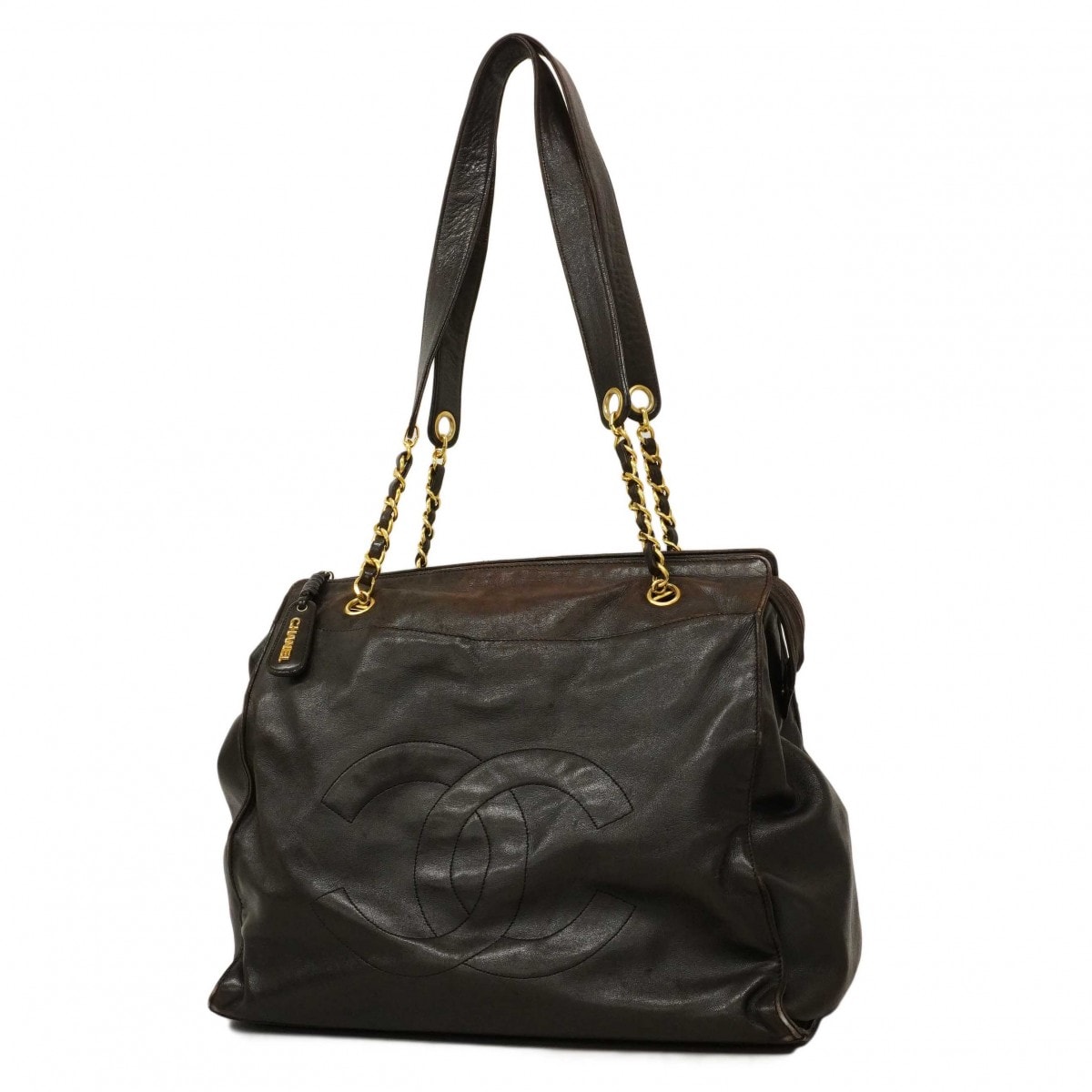 【6db2206-k】シャネル トートバッグ ラムスキン ブラック ゴールド金具【中古】レディース