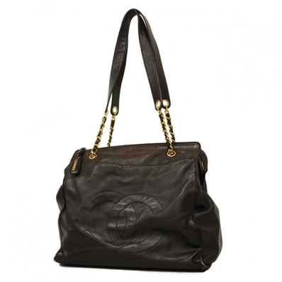 【6db2206-k】シャネル トートバッグ ラムスキン ブラック ゴールド金具【中古】レディース