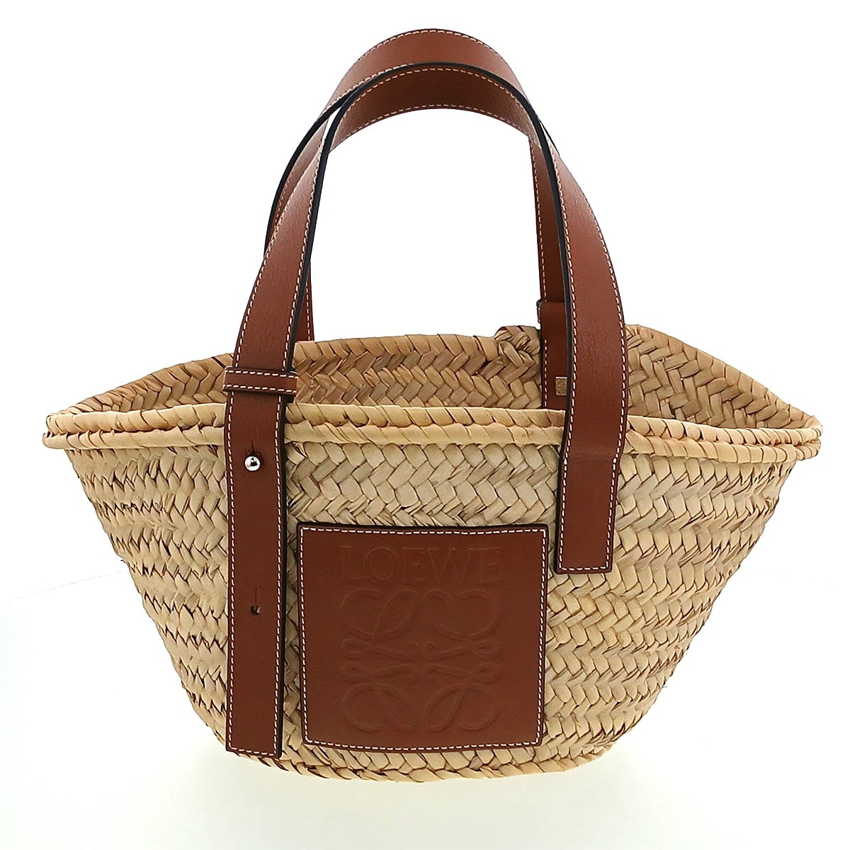 【値下げ】 LOEWE ロエベ バスケットバッグ スモール かごバッグ ハンドバッグ 327.02.S93 ラフィア レザー ベージュ ブラウン レディース【中古】