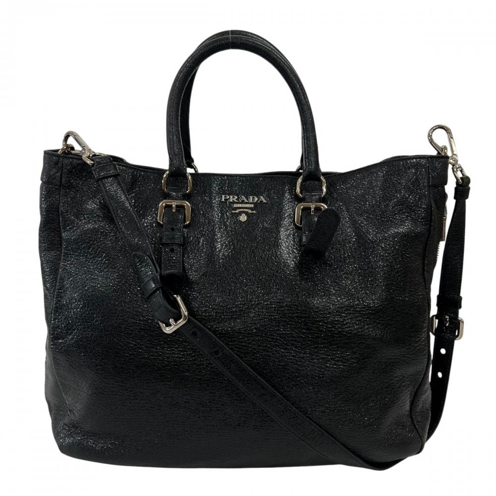 PRADA プラダ トートバッグ メタルロゴ 斜め掛け レザー    ブラック 黒 ゴールドシルバー金具 レディース【中古品】