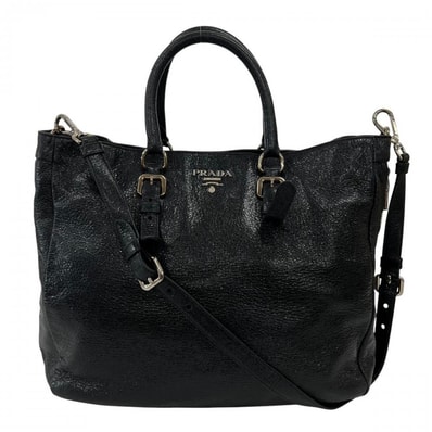PRADA プラダ トートバッグ メタルロゴ 斜め掛け レザー ブラック 黒 ゴールドシルバー金具 レディース【中古品】