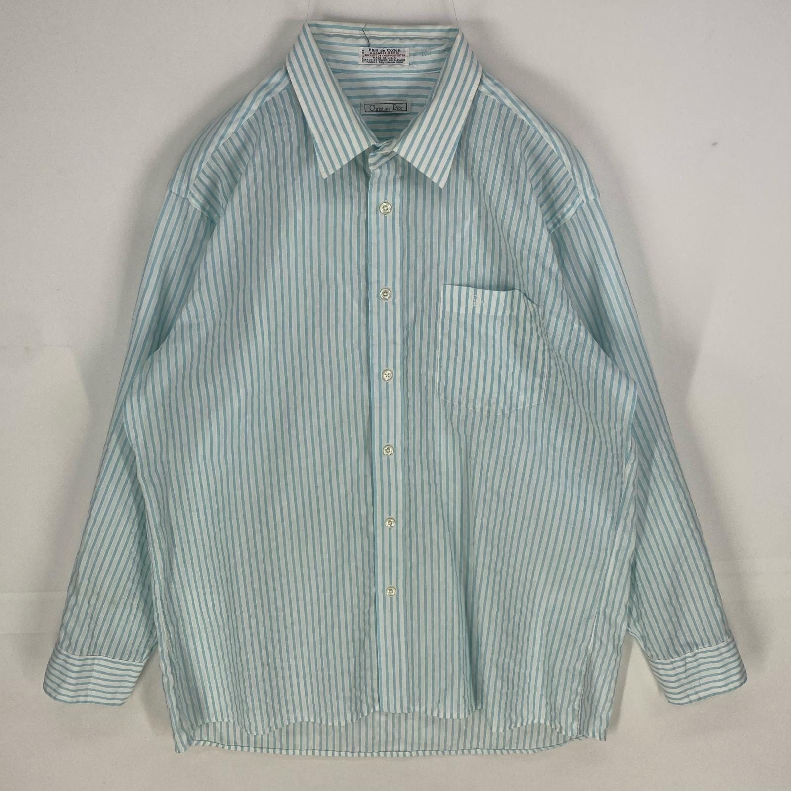 古着 90's/90年代 クリスチャンディオール Christian Dior USA製 長袖シャツ 刺繍ロゴ 胸ポケット 16  水色系 ストライプ メンズ