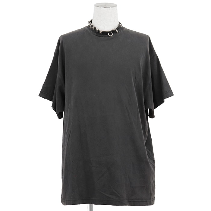 【美品】BALENCIAGA UNISEX バレンシアガ ピアスTシャツ サイズ 1 メンズ 2023年モデル Piercing T-shirt デストロイ ダメージ加工 半袖 オーバーサイズ トップス チャコールグレー 灰色 ポルトガル製