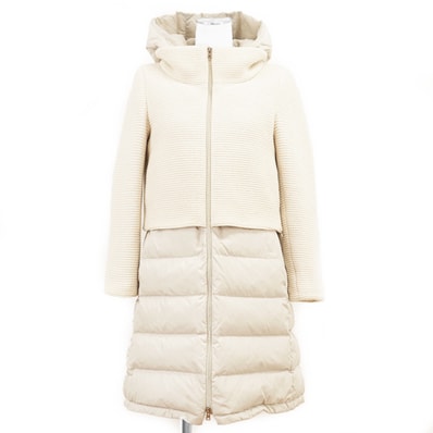 Herno ヘルノ ダウンジャケット サイズ 40 レディース ニット ドッキング コンビネーション フード 取り外し可能 ウール ナイロン コート アウター アイボリー ライトベージュ イタリア製