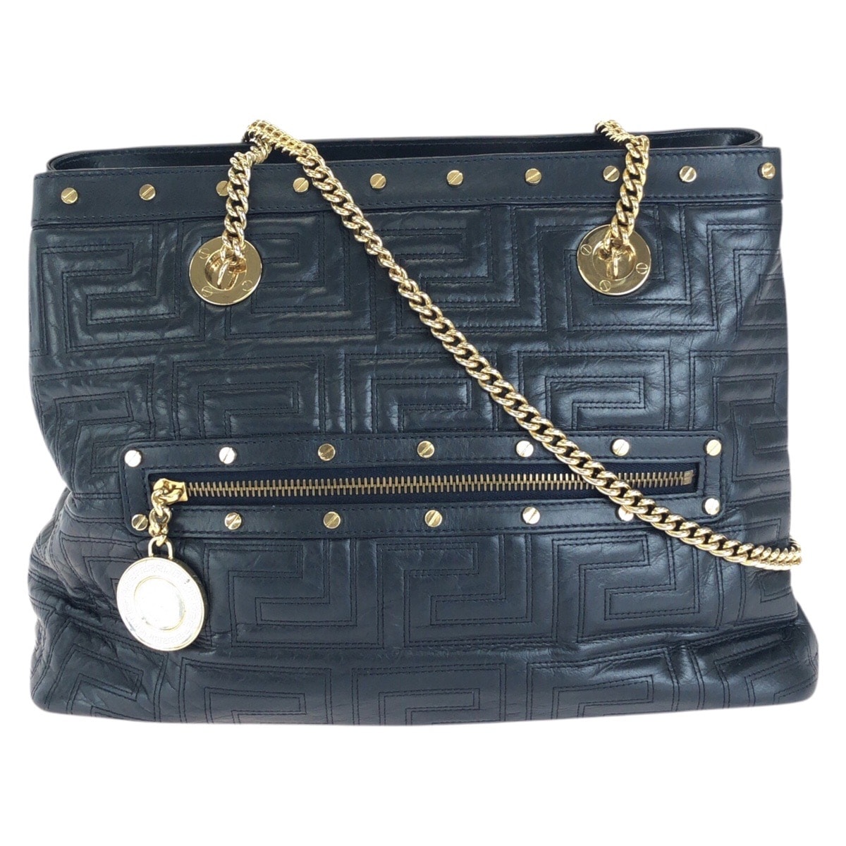 VERSACE ヴェルサーチ ヴィンテージ グレカ メデューサ ネイビー ゴールド金具 レザー チェーンショルダーバッグ トートバッグ 1-0290612 【中古】