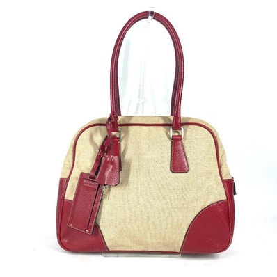 プラダ PRADA トライアングルロゴ 三角ロゴ プレート バイカラー カバン 肩掛け ボストンバッグ ショルダーバッグ レザー/キャンバス ベージュ