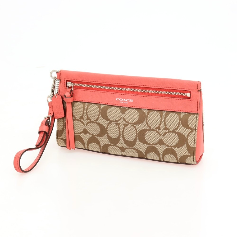 【中古】コーチ COACH キャンバス レザー クラッチバッグ ピンクxベージュ【WxH12xD3.5】【レディース】