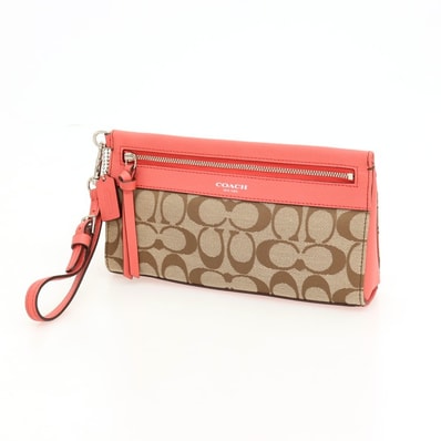 【中古】コーチ COACH キャンバス レザー クラッチバッグ ピンクxベージュ【WxH12xD3.5】【レディース】