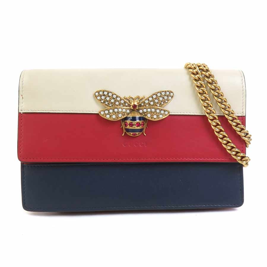 グッチ GUCCI チェーンウォレット クイーン マーガレット レザー ネイビー/レッド/アイボリー レディース 476079【中古】 r11173k