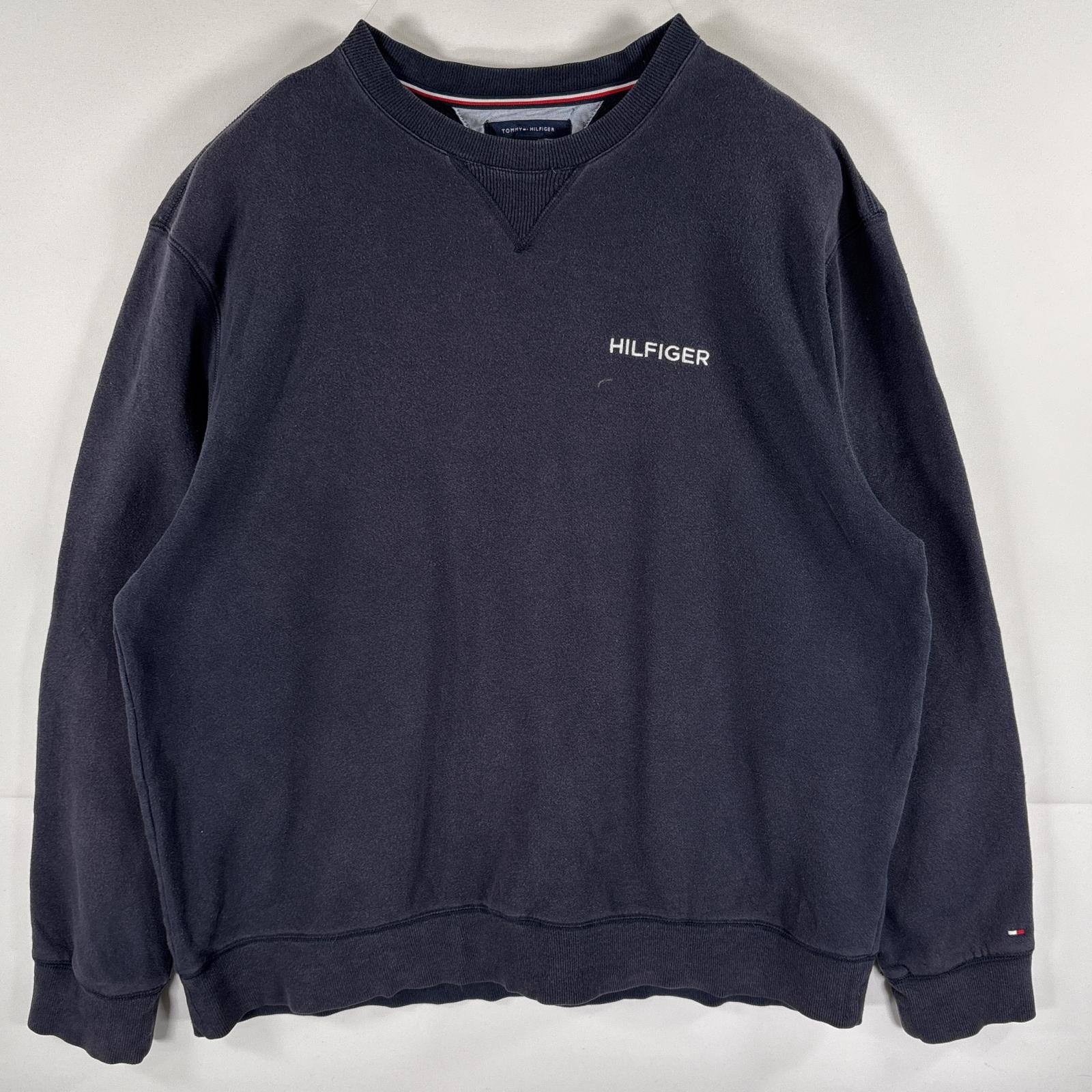 古着 トミーヒルフィガー TOMMY HILFIGER スウェット トレーナー クルーネック ロゴ刺繍 前V 14041  ネイビー メンズ