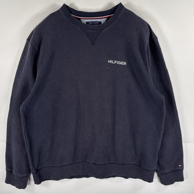 古着 トミーヒルフィガー TOMMY HILFIGER スウェット トレーナー クルーネック ロゴ刺繍 前V 14041 ネイビー メンズ