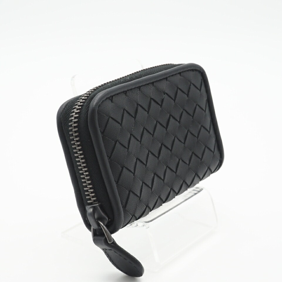 極美品 BOTTEGAVENETA ボッテガヴェネタ イントレチャート少 ラウンドファスナーコインケース 114075 コインケース ブラック レザー メンズ