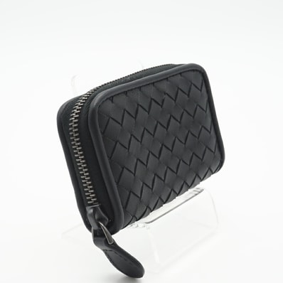 極美品 BOTTEGAVENETA ボッテガヴェネタ イントレチャート少 ラウンドファスナーコインケース 114075 コインケース ブラック レザー メンズ