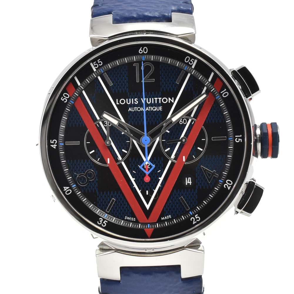 ルイ・ヴィトン LOUIS VUITTON QA163 タンブール ダミエ コバルトV 自動巻き メンズ 美品 箱付き Q#146441