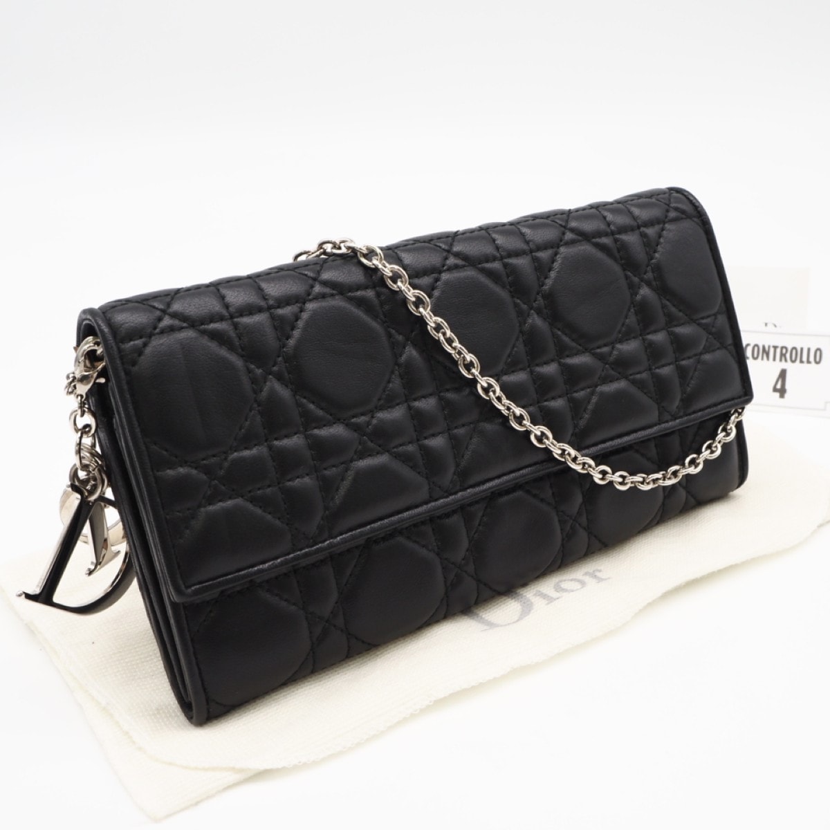 美品 Christian Dior クリスチャンディオール レディディオール カナージュ チェーンウォレット CAL43060P ハンドバッグ ブラック シルバー ラムスキン レディース