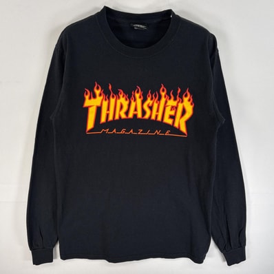 古着 スラッシャー THRASHER 長袖Tシャツ ファイヤーデザイン ラバープリント スケボー S ブラック メンズ