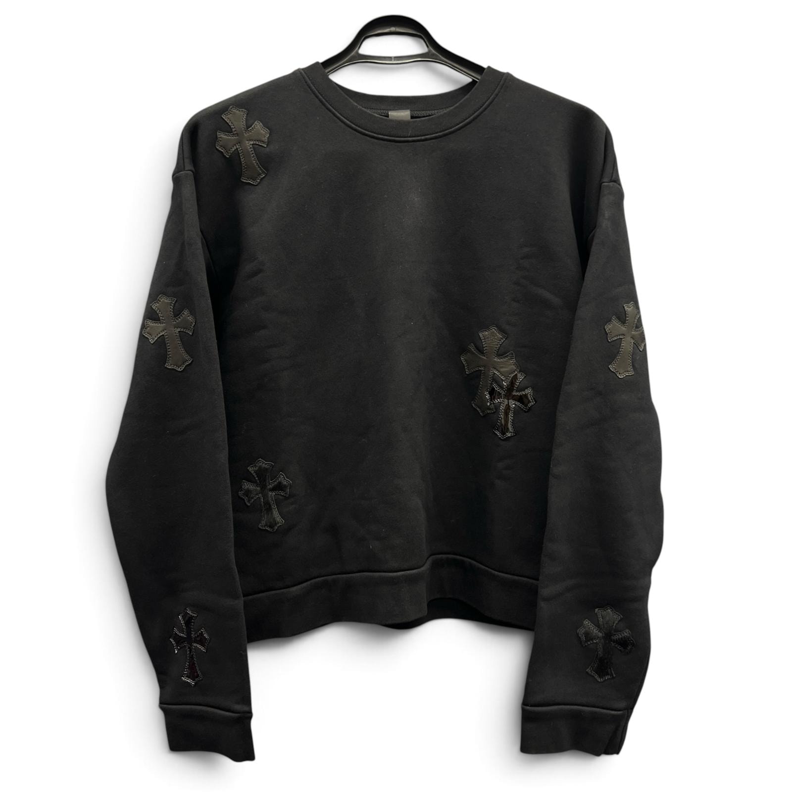 CHROME HEARTS 希少 極美品 クロムハーツ セメタリークロスパッチ スウェットシャツ 17パッチ ハラコ レザー ブラック パテント トレーナー #M コットン Aランク 中古 鑑定済 クロムスウェット