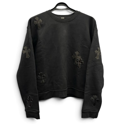 CHROME HEARTS 希少 極美品 クロムハーツ セメタリークロスパッチ スウェットシャツ 17パッチ ハラコ レザー ブラック パテント トレーナー #M コットン Aランク 中古 鑑定済 クロムスウェット