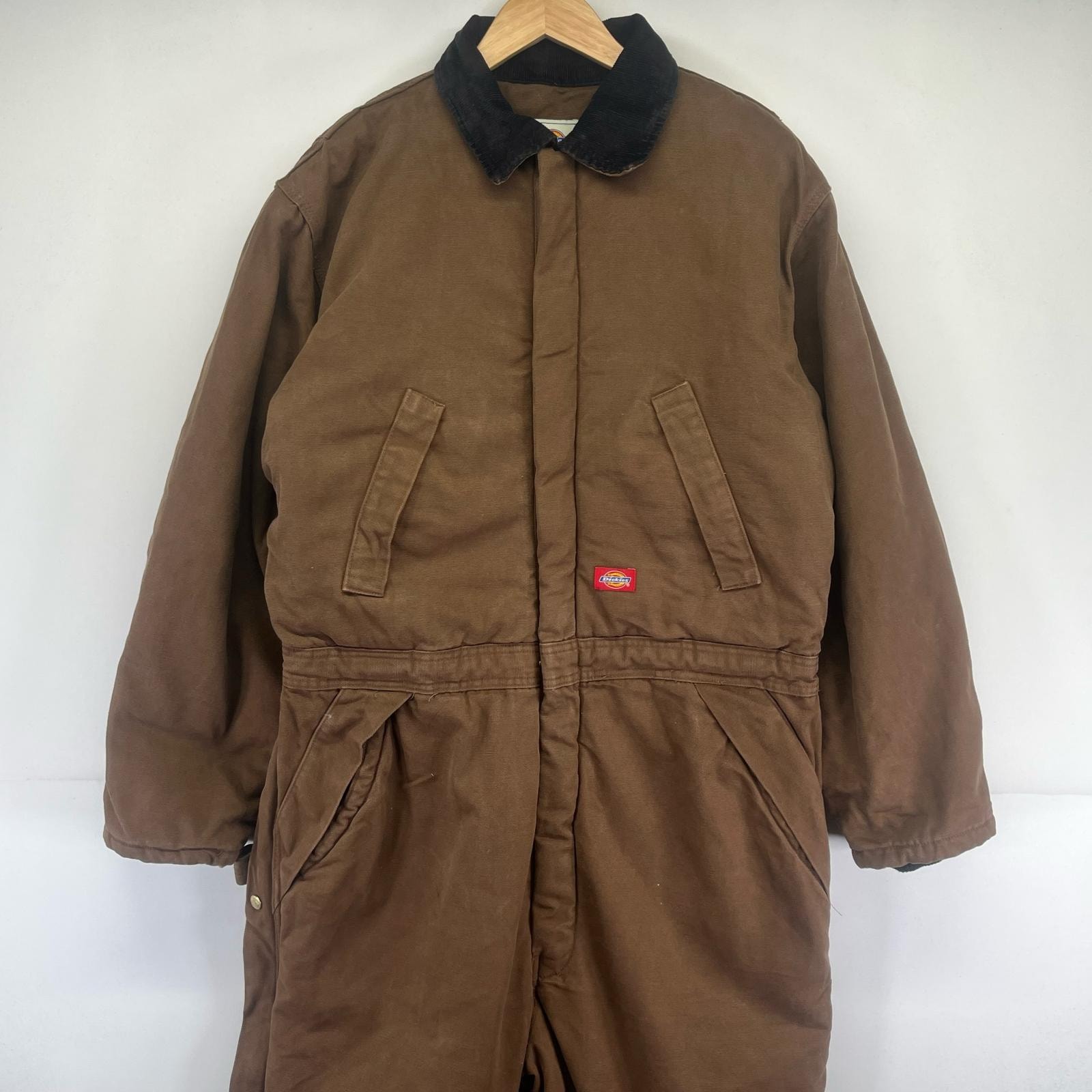 古着 ディッキーズ Dickies 長袖つなぎ ダック オールインワン 中綿 ワーク 大きいサイズ ロング ワンポイントロゴ XL TALL  ブラウン メンズ