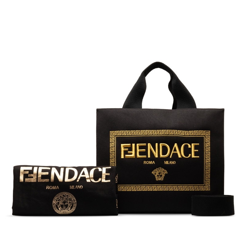 FENDI x 베르사체 펜다스 펜다스 펜다스 체라 메두사 토트 백 숄더백 2WAY 8BH395 블랙 캔버스 여성 펜디 [중고]
