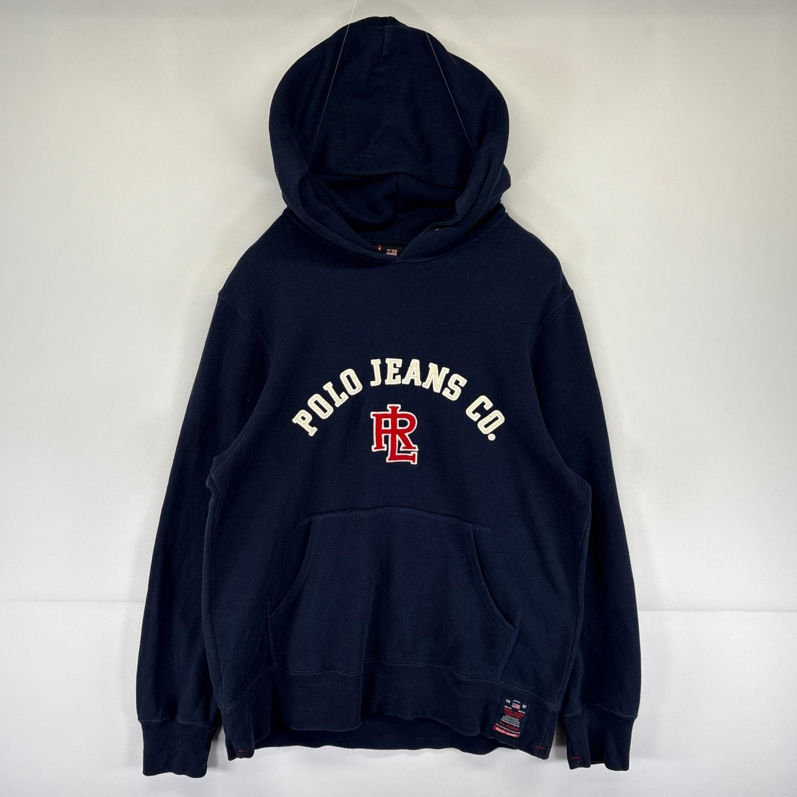 古着 ポロジーンズ POLO JEANS パーカー スウェット プルオーバー フーディ ロゴ刺繍 ワンポイントロゴ M  ネイビー メンズ