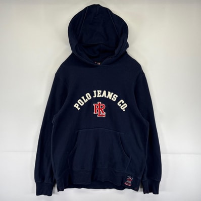 古着 ポロジーンズ POLO JEANS パーカー スウェット プルオーバー フーディ ロゴ刺繍 ワンポイントロゴ M ネイビー メンズ