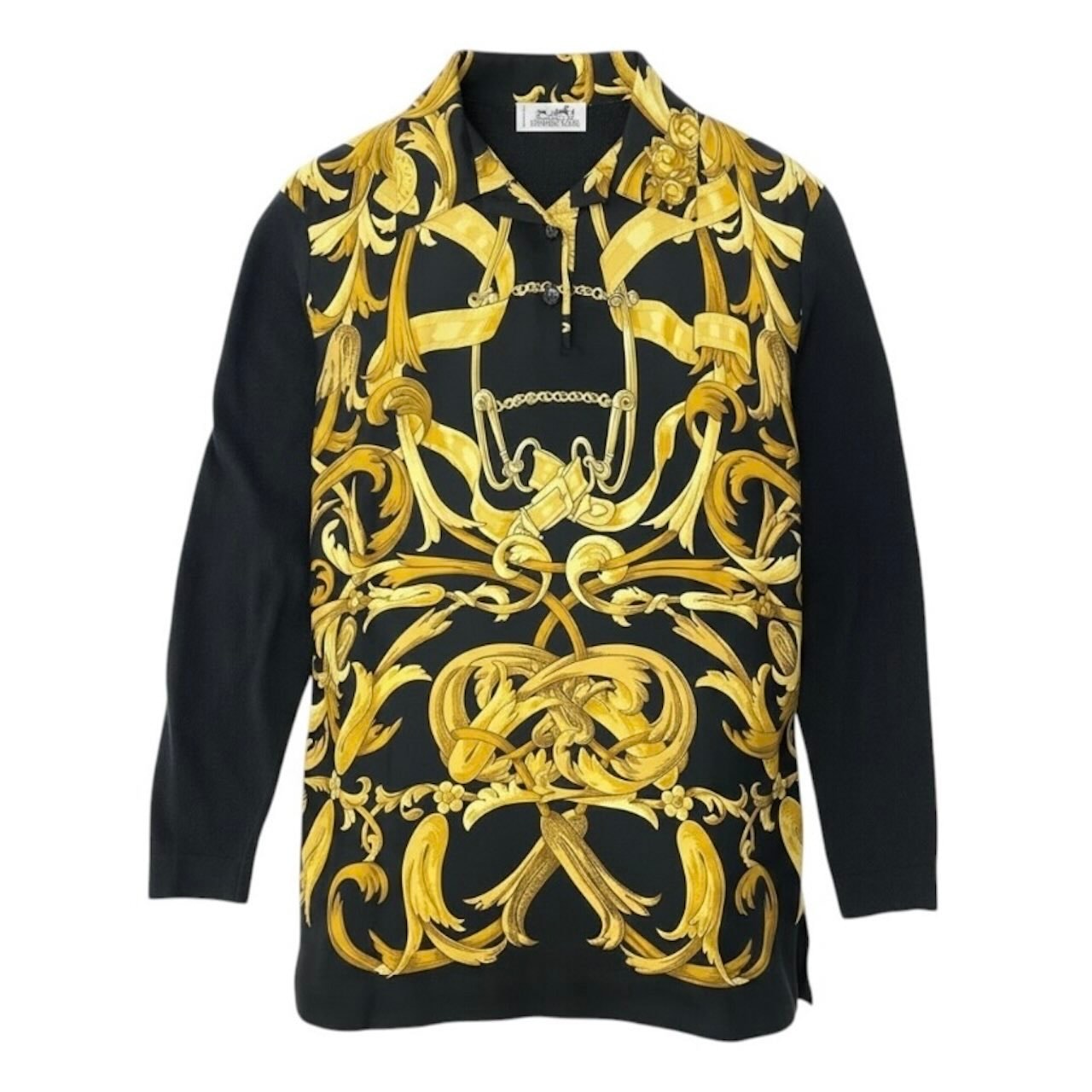 HERMES エルメス ヴィンテージ シルク切替 ニットポロシャツ ロングスリーブ ニットトップス スカーフ柄 ブラック シルク コットン/ カシミヤ/ ポロシャツ A3-00228 【中古】