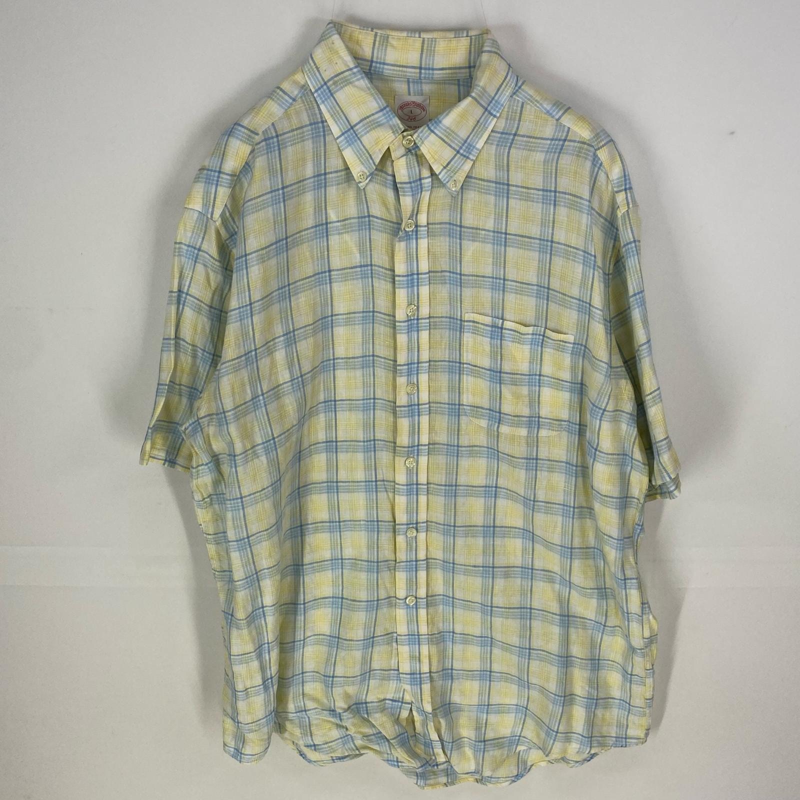 古着 ブルックスブラザーズ Brooks Brothers 半袖シャツ ボタンダウン 胸ポケット 346 リネンシャツ L イエロー系 チェック メンズ