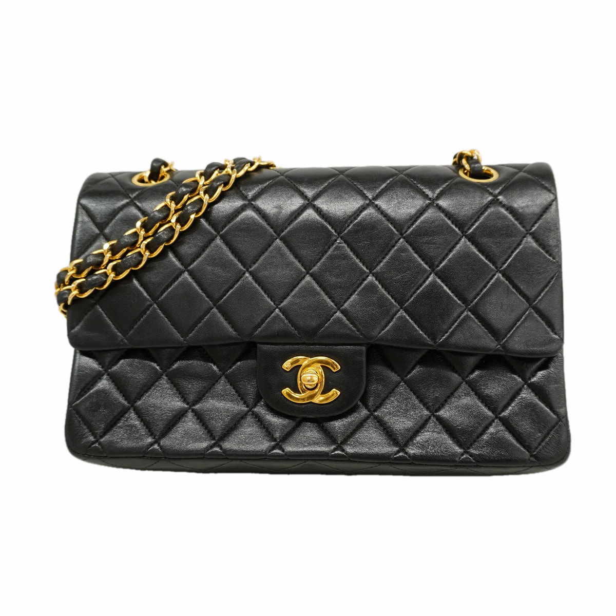 ★SALE【6hc1879】シャネル ショルダーバッグ マトラッセ Wフラップ Wチェーン ラムスキン ブラック ゴールド金具【中古】レディース