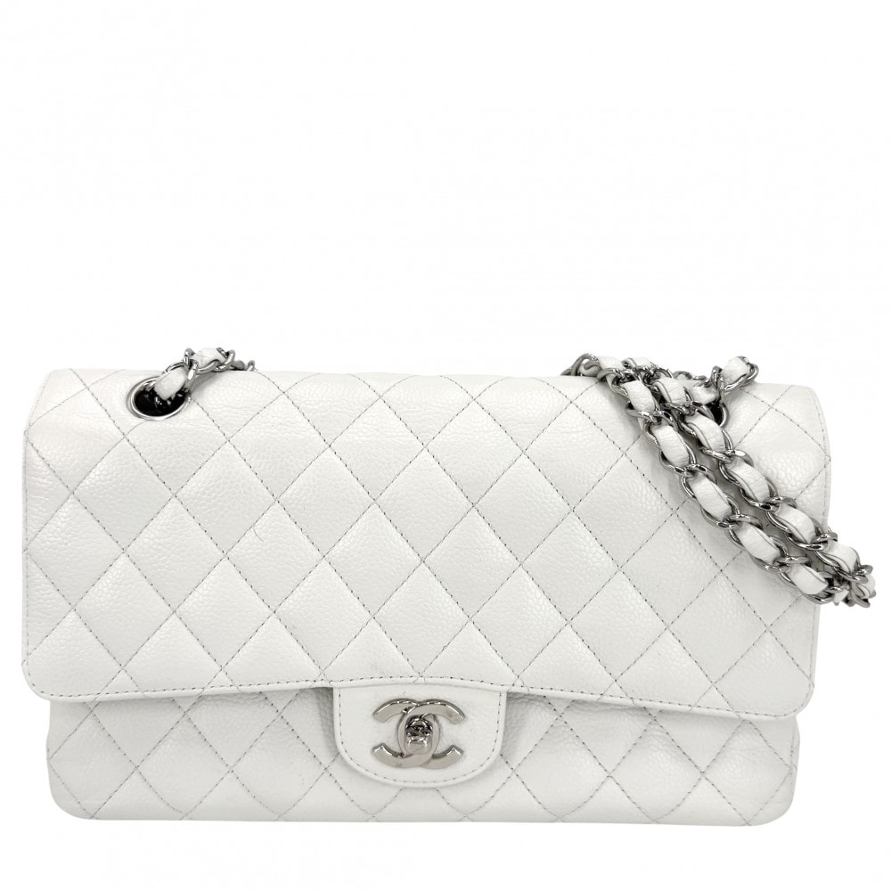 CHANEL シャネル ショルダーバッグ マトラッセ25 ダブルチェーン ダブルフラップ 肩掛け 斜め掛け ココマーク ターンロック  キャビアスキン   ホワイト 白 シルバー金具 レディース【中古品】