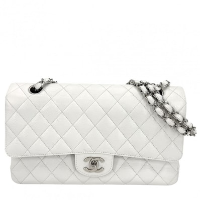 CHANEL シャネル ショルダーバッグ マトラッセ25 ダブルチェーン ダブルフラップ 肩掛け 斜め掛け ココマーク ターンロック キャビアスキン ホワイト 白 シルバー金具 レディース【中古品】