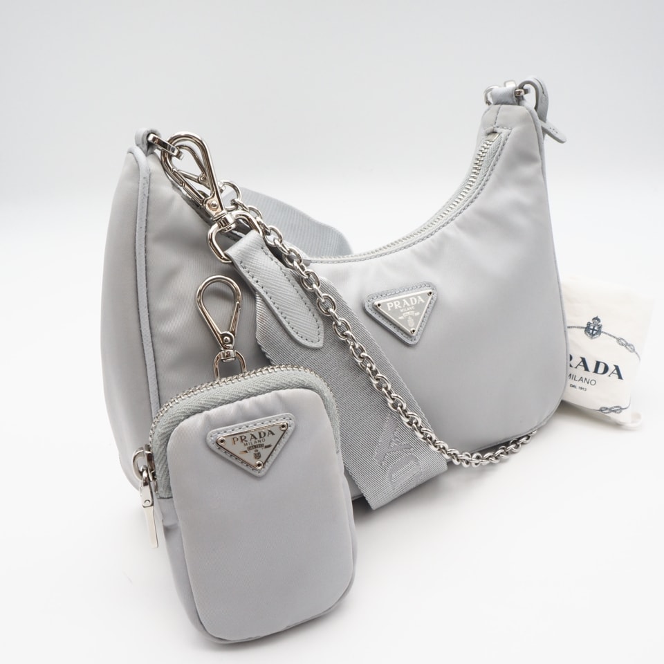美品 PRADA プラダ Re-Nylon ロゴ ショルダーバッグ フィオルダリーゾ 1BH204 2wayショルダーバッグ グレー ナイロン レディース