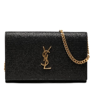 サンローラン YSLロゴ ケイト ウォレット チェーン ショルダーバッグ 斜め掛け ブラック スパンコール レザー レディース SAINT LAURENT 【中古】