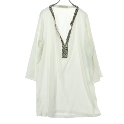 ZARA BASIC ザラベーシック 長袖 ビジュー Vネック ブラウス L アイボリー