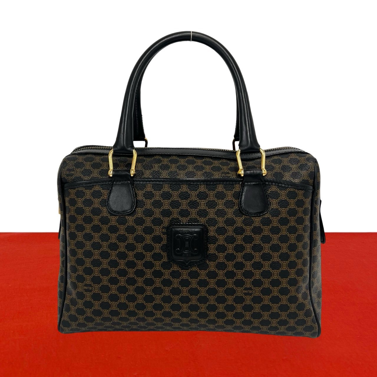 CELINE セリーヌ マカダム ブラゾン 柄 ロゴ レザー PVC ハンドバッグ ブラック
 46515