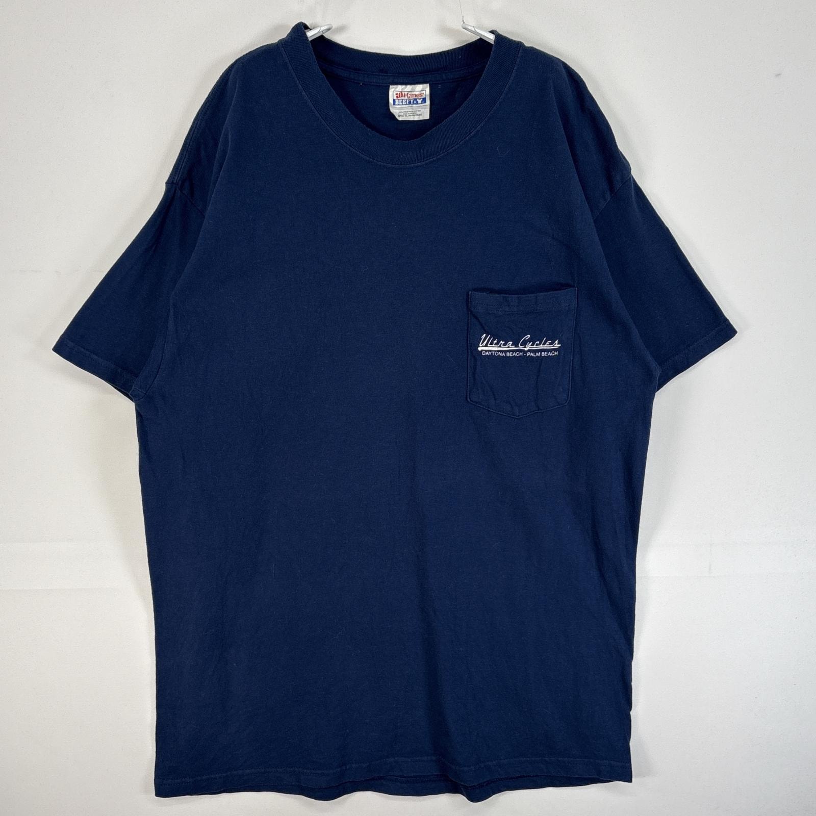 古着 00’s/00年代 ヘインズ Hanes 半袖Tシャツ 両面 プリント 大きいサイズ 肉厚 バイク XL  ネイビー メンズ