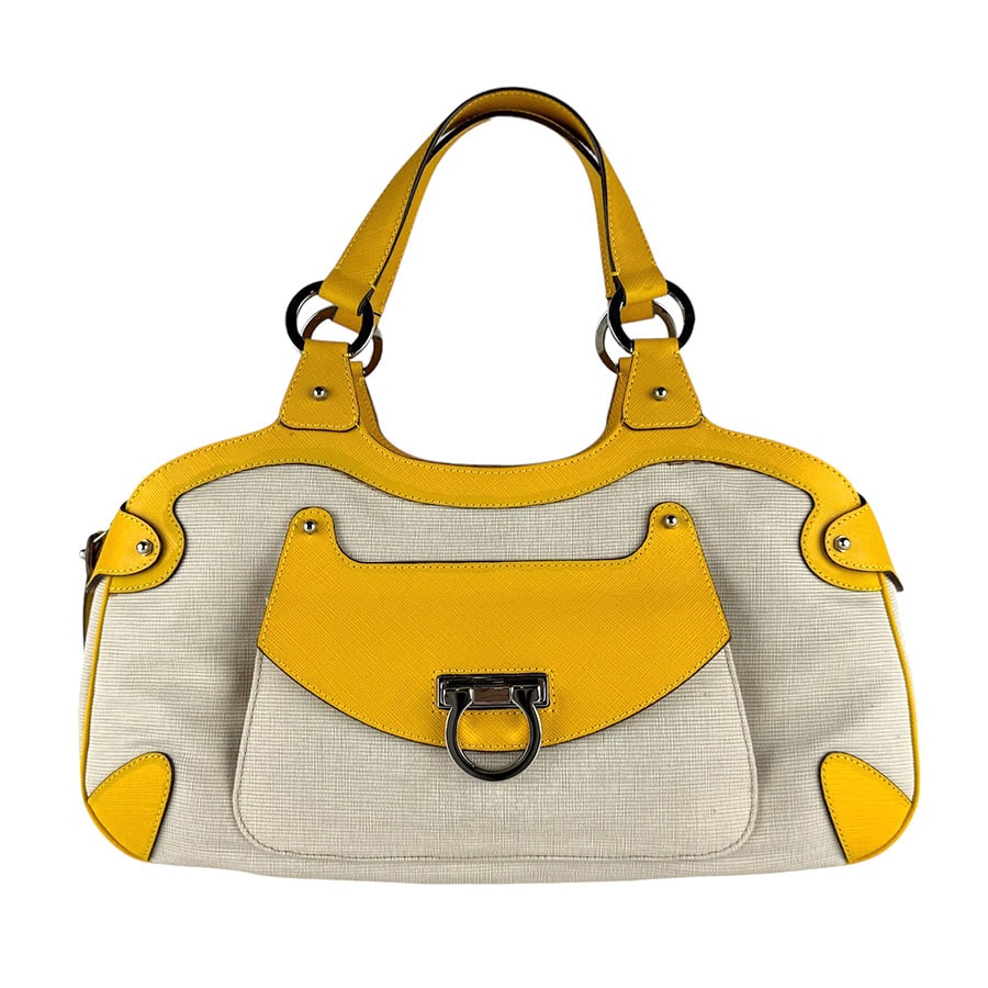 サルヴァトーレフェラガモ Salvatore Ferragamo ハンドバッグ ガンチーニ キャンバス/レザー ライトグレージュ/イエロー シルバー レディース【中古】 z10068