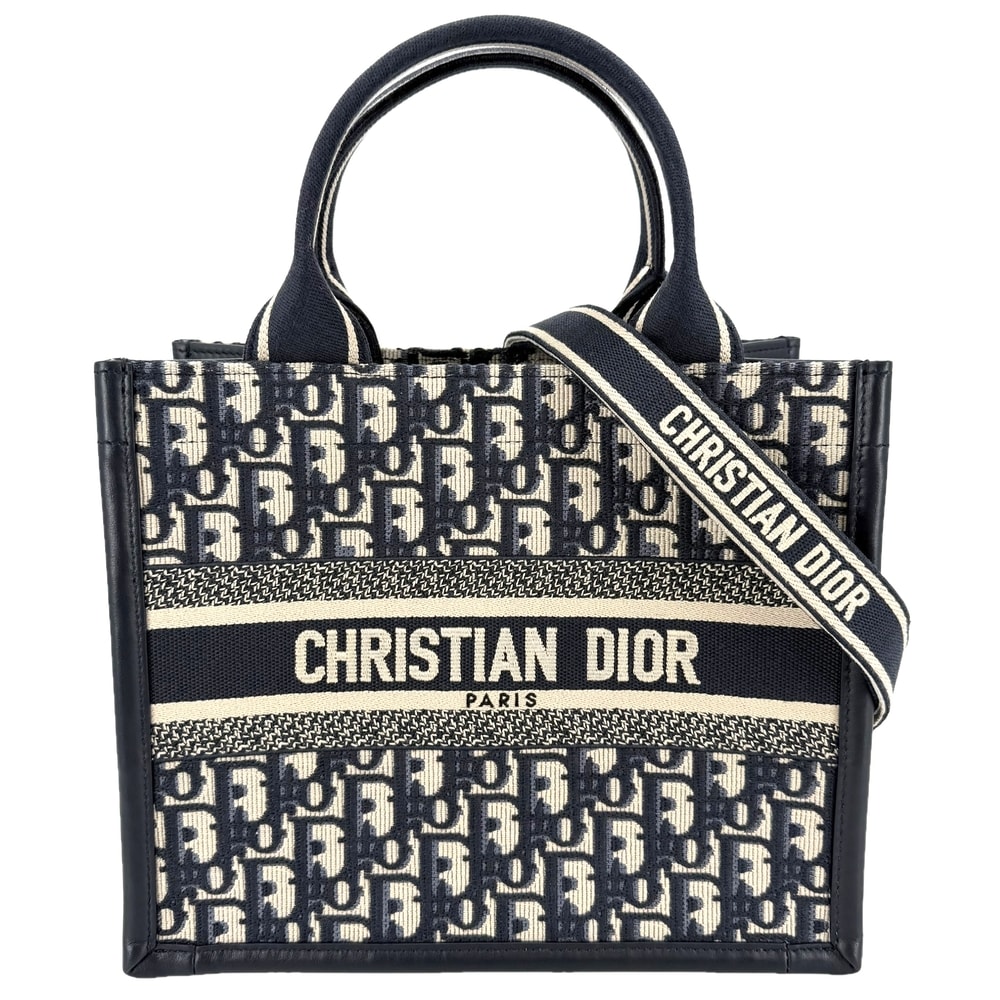 Christian Dior クリスチャンディオール 2WAY ブックトート オブリーク ショルダーバッグ トートバッグ 肩掛け コットンキャンバス  カーフスキン   ネイビー 紺 ベージュ レディース 美品【中古品】